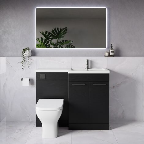 Napoli 390 Nero Oak 1100mm 2 Door Vanity Unit Toilet Suite with Square Right Hand Lucia Basin - 1100mm - Gunmetal Grey 160mm HandleWith Kingston Toilet Pan and Seat