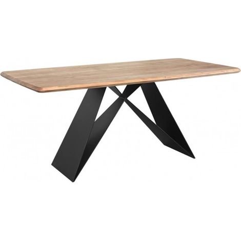 MYLONIS - Table Repas 170cm Plateau en Acacia Massif Pieds Métal Noir Forme Papillon