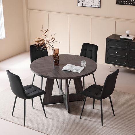 Wokaka Ensemble table et chaises – Table de salle à manger ronde en MDF de 120 cm – avec 4 chaises de en velours – Ergonomique - Noir