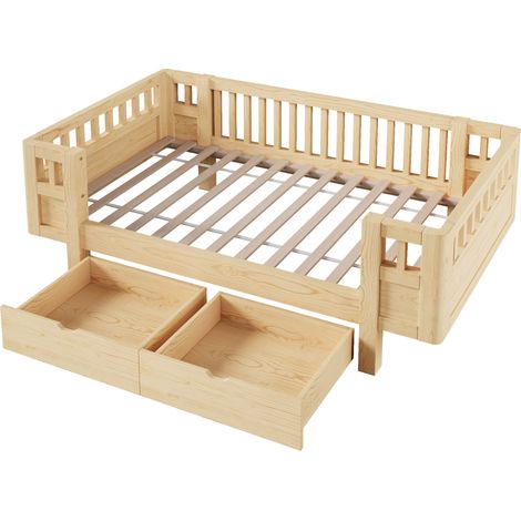 Cama plataforma 90x200 cm con barrera de seguridad y 2 grandes cajones, color madera (1/5)