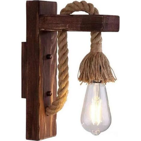 TRADE SHOP - Applique Parete E70 Vintage In Legno Corda Canapa Muro Country Portalampada E27 - (1/5)