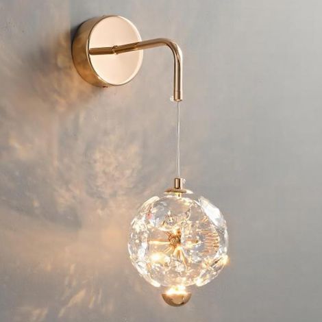 Applique murale globe, applique murale de chevet, applique murale en métal doré avec abat-jour en cristal, appliques murales LED modernes - 4W - 3 modes de couleur, appliques murales au design géométr (1/5)