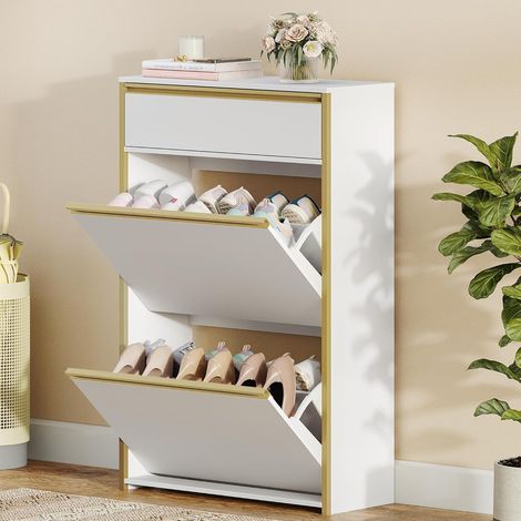 Meuble à Chaussures Étroit avec 2 Battants, Étagère à Chaussures avec Tiroir, Meuble à Chaussure, Séparateur Réglables, 8 à 12 Paires, pour Couloir, Entrée, Blanc-Or (1/5)