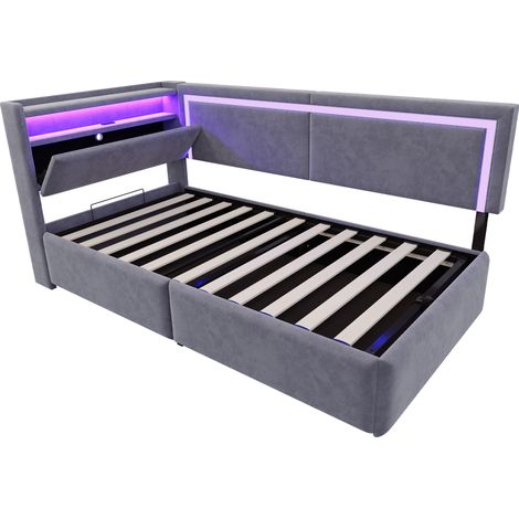 Lit rembourré canapé-lit 90x200 cm avec éclairage LED et ports de charge USB. La tête de lit s’ouvre pour le rangement. Système de rangement hydraulique sous le lit, tissu velours gris foncé (1/5)