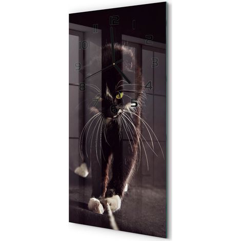 Horloge Murale Rectangulaire Verticale Sans Tic-Tac Design Contemporain Chat noir 30x60 cm (1/5)