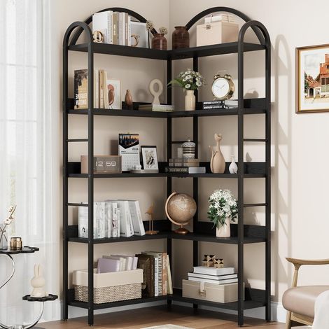 Bibliothèque d'angle à 5 niveaux, étagère d'angle industrielle en Bois et Métal, Meuble de Rangement,étagère de rangement pour bureau à domi,étagère d'affichage autoportante,noir (1/5)