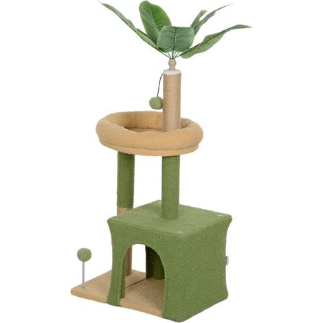 Arbre à chat avec niche, griffoir, balle et feuillage artificiel, 44 x 30 x 98 cm, vert (1/5)