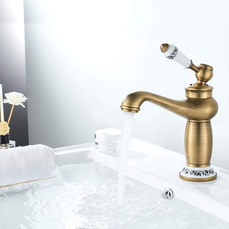 Robinet de salle de bain rétro, mitigeur lavabo monocommande avec poignée en céramique, eau chaude et froide, laiton (1/5)