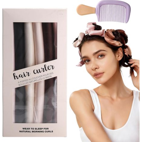 Bigoudis Sans Chaleur - 6 Pièces Boudins pour Boucles Naturelles Sans Dommages - Kit de Boucleur avec Petite Brosse - Pour Cheveux Courts et Longs - Boucles Sans Chaleur avec Soie (1/5)