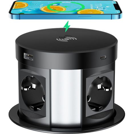 Prise Encastrable Plan de Travail 2 USB C, 4 Prises, 2 USB A Ports, Chargeur sans Fil, Multiprise Electrique Escamotable USB C pour Les Cuisines Bureaux Chambres Salle de Réunion