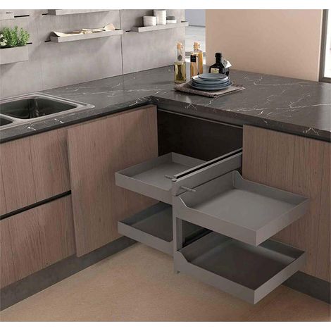 Rangement d'angle avec 4 corbeilles – Pour caisson mini 520 mm – Amortisseur avec – Charge 40 kg – Décor gris