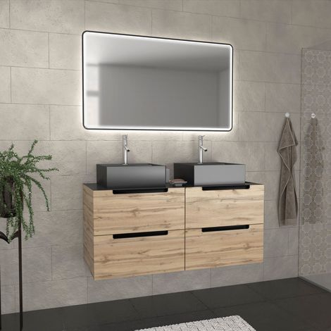 Mueble baño 120cm Roble y negro-Lavabos cuadrados-Espejo Black Led 120x70