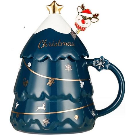 Tasse de Noël 3D en Porcelaine - 400 ml Avec Couvercle et Cuillère - Cadeau pour Halloween, Noël, Nouvel An, Anniversaire - Bleu (1/5)