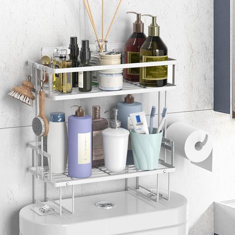 ZOLGINAH Almacenamiento sobre el inodoro, estante de almacenamiento para baño de 2 niveles, organizador multifuncional sobre el inodoro con ganchos, sin taladrar-blanco (1/5)