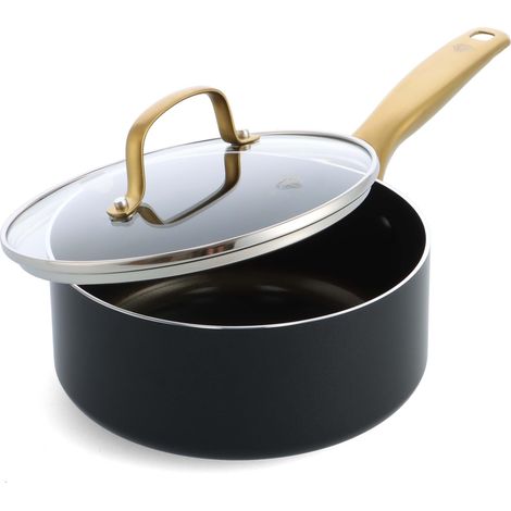 Cocotte Antiadhésive en Céramique Infusée au Diamant 18 cm/ 1,9 Litre avec Couvercle en Verre, Sans PFAS, Convient à l'induction, Va au lave-vaisselle, Four, Poignée dorée, Noir (1/5)
