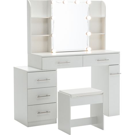 Tavolo trucco bianco in MDF con specchio, cassetti e luci LED MODENUIT (1/5)