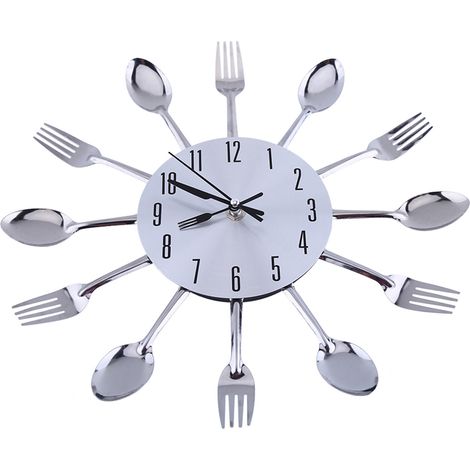 Grande horloge murale argentée 3D miroir design moderne couverts cuillère fourchette cuisine DIY (1/5)