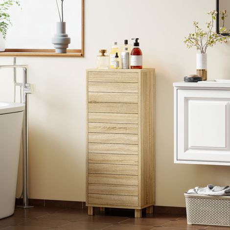 Armario de baño de madera con estante ajustable y puerta de lamas, apertura por presión, 34 x 23 x 84 cm, color natural.