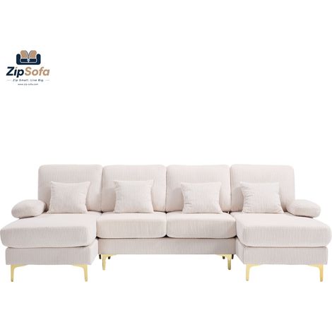 Sofa U Moderne avec LED, Port USB-C, Cadre en Bois Massif, 4 Oreillers Luxueux et Dos Ergonomique Premium, Beige