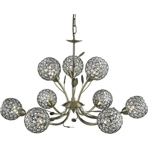 Searchlight Bellis - Suspension de plafond à 9 ampoules à bras multiples, design de fleurs, laiton antique, verre neuf, G9