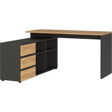 Bureau d'angle 4187-549, en Graphite/Chêne Navarra repro, avec Buffet intégré, 146 x 76 x 145 cm (LxHxP) (1/5)
