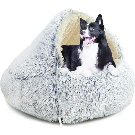 Lit pour chien 80 cm, avec housse amovible et lavable et capuche avec supports – lit moelleux et apaisant pour animaux de compagnie, adapté aux animaux de moins de 20 kg, lit de grotte (1/5)