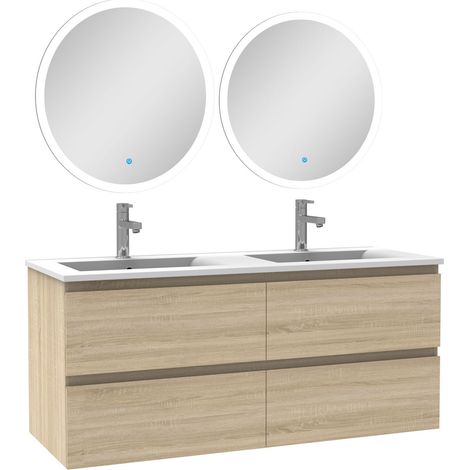 Ensemble meubles Salle de Bain 120cm double vasque + miroir lumineux rond Chêne Wotan