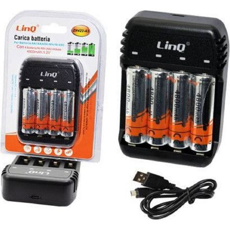 TRADE SHOP - Carica Batterie Pile Aa Aaa 4 Slot Zn422-a5 + 4 Pile Stilo 4800mha Ricaricabili - (1/2)