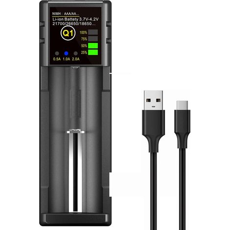 Chargeur de Batterie 18650, Chargeur de Batterie 1 Baie avec écran LCD Intelligent, Charge Rapide pour Batteries Rechargeables Li-ION, NI-MH, NI-CD AA AAA C 21700 26650 13650 16340 18350 18700 (1/5)