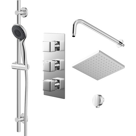 Cubix Polished Chrome Triple Thermostatic Valve Mixer Shower with Square Fixed Head and Clyde Shower Slide Rail Kit - 2 Outlet (1/5)