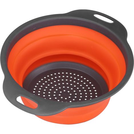 Égouttoir silicone rond pliable orange petit, panier à fruits et légumes avec poignée, lavage cuisine, rangement domestique. (1/5)