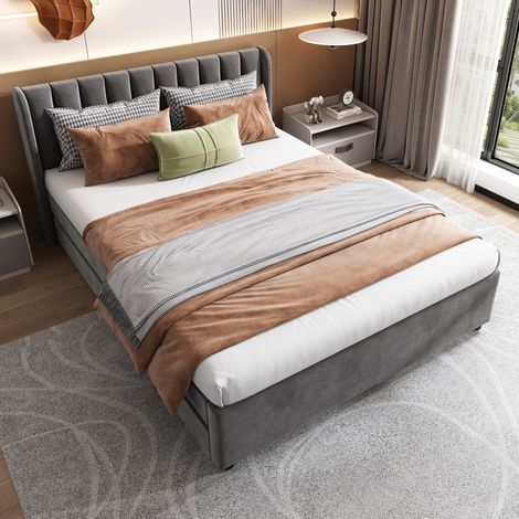 Lit en velours gris 140x200 cm avec tête de lit haute, 2 tiroirs et sommier à lattes inclus (1/5)