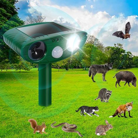 Ultrason Repulsif Chat Exterieur, Répulsif Chat avec Détecteur de Mouvement et Lumière LED pour Jardin, Étanche Répulsif Animaux pour Chat, Chien, Écureuil, Renard (511B)