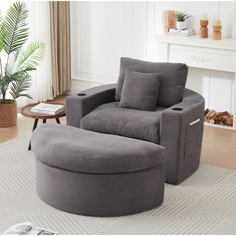 Poltrona lounge modulare 156x136 cm in velluto a coste grigio con poggiapiedi - CHICFURN (1/5)