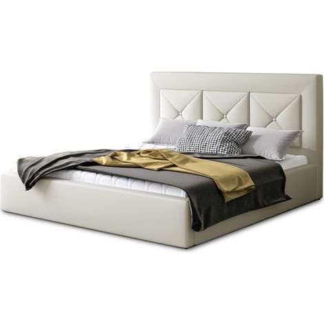 Lit moderne en simili cuir CLARIN - Avec ou sans rangement avec sommier-Crème-140x200-Version avec sommier (1/4)