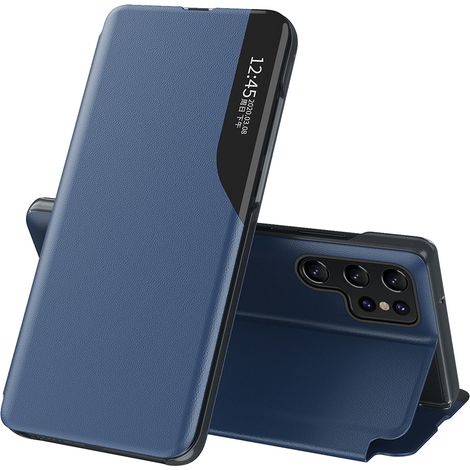 Cover per Samsung S24 Ultra con patta e supporto in ecopelle View Case blu (1/3)