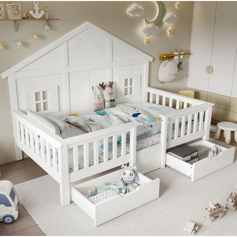 Lit enfant en bois blanc 90x200 cm avec 2 tiroirs, style cabane et sommier à lattes (1/5)