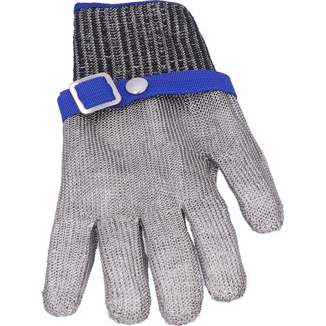 Gants de protection anti-coupure niveau 5 en fil d'acier inoxydable, tressés en métal, avec bord et fermeture bleus, taille XL. (1/5)