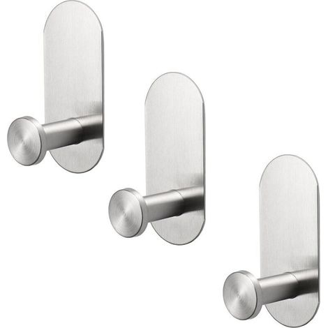 Lot de 3 crochets adhésifs très résistants en acier inoxydable pour serviette, peignoir, salle de bain, cuisine et bureau (nickel brossé) (1/4)