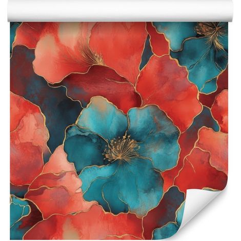 Papier peint rouge encre, turquoise et corail pour salon et chambre 50x1000 cm (1/5)