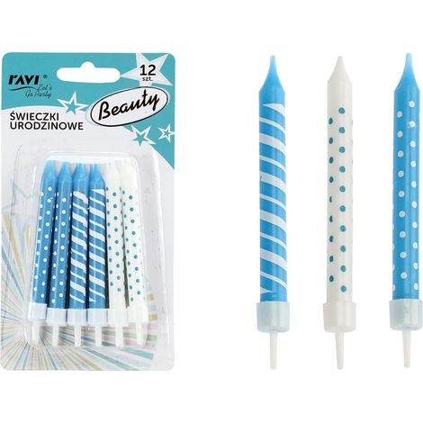 Bougies d'anniversaire beauté bleues et blanches, 12 pièces, 8 cm