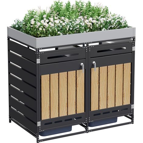 Armoire de rangement pour poubelles avec bac à fleurs, panneaux verticaux imitation bois, perforations d'aération, armoire de jardin en fer avec serrure (1/5)