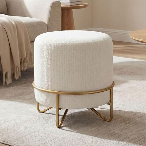 Wahson Pouf Rotondo in Ciniglia, Poggiapiedi Moderno con Gambe Metallo Dorato - Ottomano per Salotto, Ingresso e Toeletta, Bianco