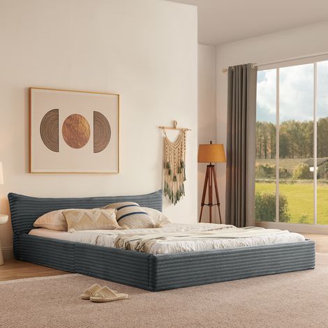 Bett Cordstoff Dunkelgrau 160x200 cm mit gepolstertem Kopfteil, Eukalyptusholz und Metallrahmen