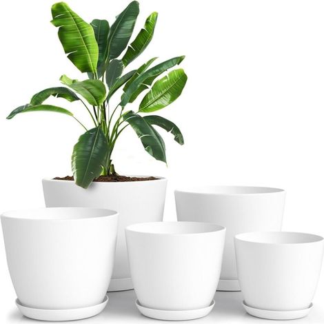 Set of 5 Flower Pots 18/17/15/13/12 cm Plantpot with Saucer for Kitchen, Balcony, Garden Plants, Nursery Flower Pots for Indoor White. (1/5)