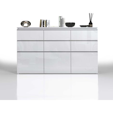 WHOUS - Credenza MAGIC per Soggiorno 180x40x105 cm - Cassettiera 3 Ante e 6 Cassetti - Credenza in Legno Riciclato Facile da Montare - Comò Camera da Letto Bianco Lucido (1/5)