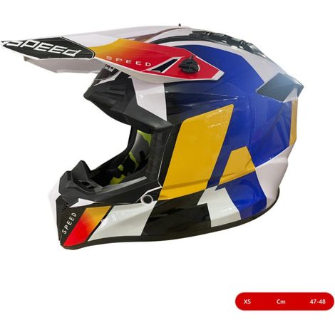Kinder-Motocross-/Enduro-Helm für Motorrad, ATV und Fahrrad – Größe XS (47–48 cm), weiß mit gelb-blauem Design