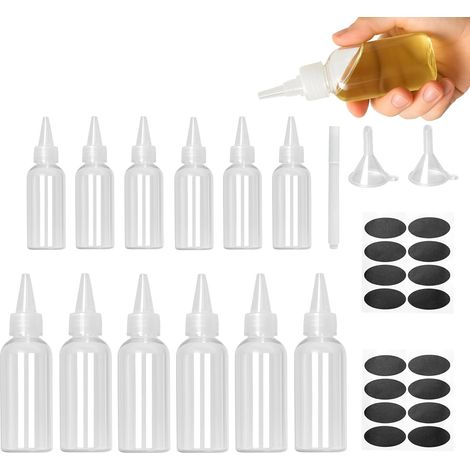 12 pcs Recipient Sauce,60ml/100ml Petites Bouteilles à Presser,Bouteille de Condiments,Bouteilles Flacons Souples en Plastique pour Distributeur de Huile Ketchup + 2 Entonnoirs/1 Autocollant/1 Stylo (1/5)