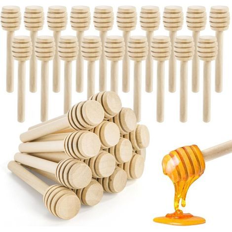 Set mit 100 Honiglöffeln, -stäbchen und -löffeln aus Naturholz. Auch als Haushaltsmixer, Mini-Marmeladentöpfe und Honigspender für Desserts, Tee, Milch und Kaffee geeignet. – 8 cm (1/5)