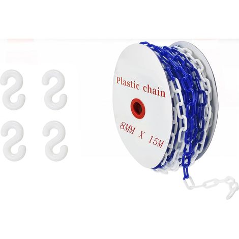 Chaîne de barrière en plastique, 8 mm x 50 m, chaîne d'avertissement en plastique avec 10 crochets en S, chaînes de barrière pour chantier, parking, files d'attente et entretien des commandes (bleu